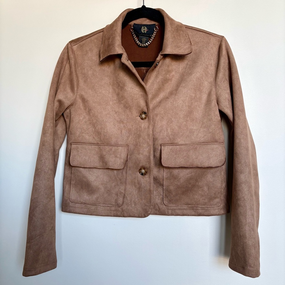 House of Harlow 1960 Faux Suede Cropped Jacket, Camel Brown XS Blazer